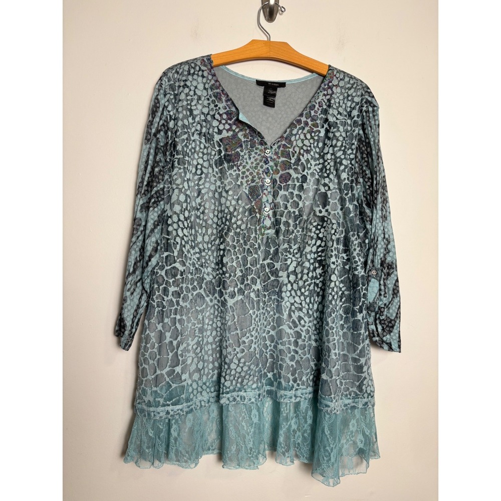 Ali Miles Womens Tunic Top 2X Boho Eclectic Sheer Burnout Lace Hem 3/4 Sleeve